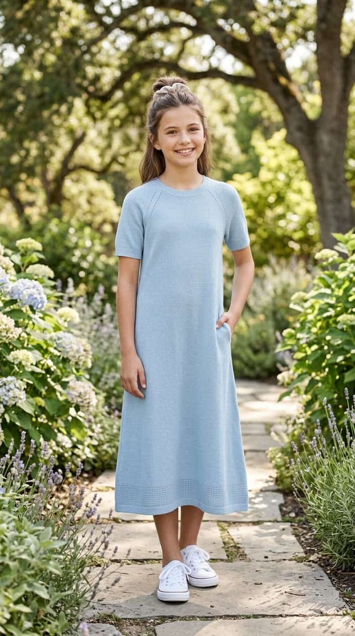 A young girl standing outdoors wearing a light midi sweater dress with short sleeves, smiling in a natural garden setting.