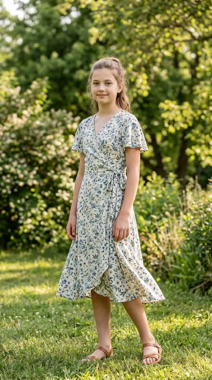 Modest Summer Dresses for Tweens 5 A young girl wearing a midi wrap dress standing outdoors on a sunny day with greenery in the background.