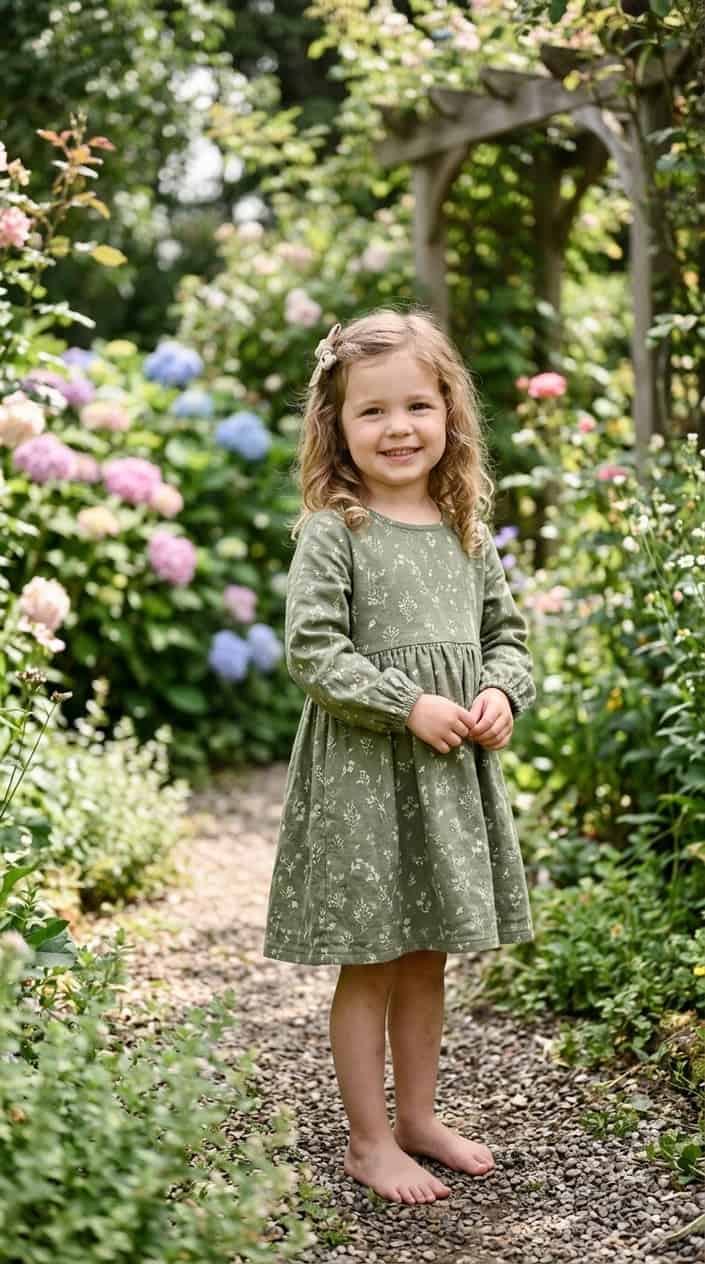 Comfortable Children's Dresses That Still Look Nice 13 A young child standing outdoors wearing a comfortable vintage-style dress, smiling gently with greenery in the background.