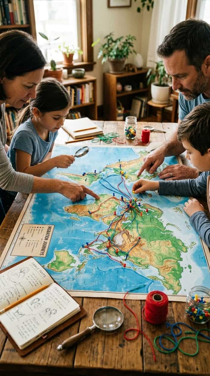 A group of people placing colorful pushpins on a large migration route map spread across a table, with notebooks and pencils nearby.