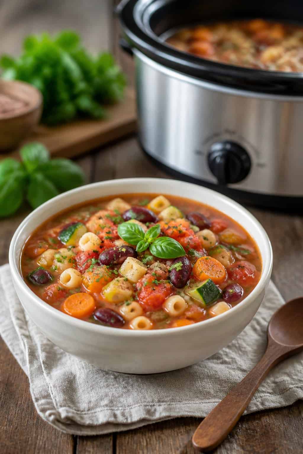 A bowl of colorful minestrone soup with vegetables and pasta on a wooden table next to a wooden spoon and a slow cooker in the background.