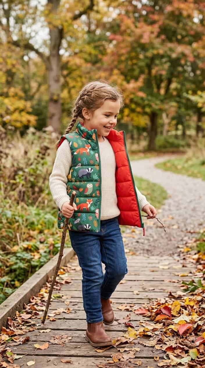 Durable Kids' Clothes for Everyday Wear 4 A young child outdoors wearing a reversible puffer vest, smiling and playing.