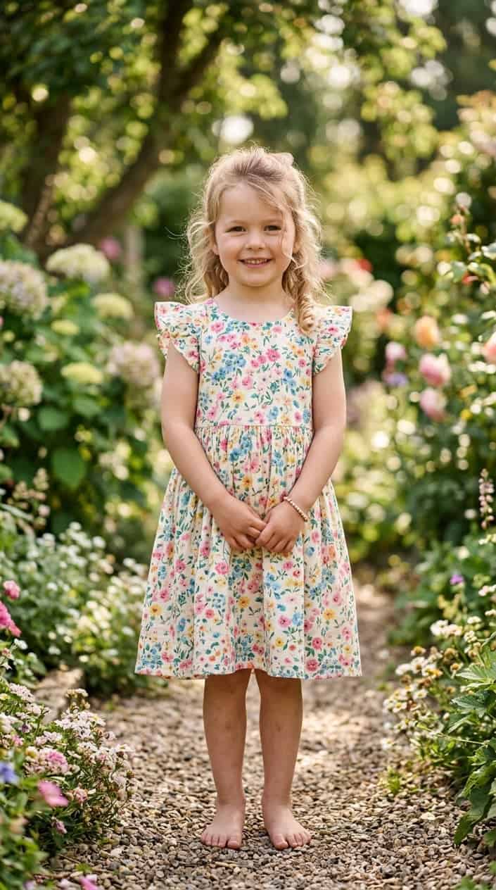 Comfortable Children's Dresses That Still Look Nice 10 A young girl standing outside wearing a colorful floral dress, smiling with greenery in the background.