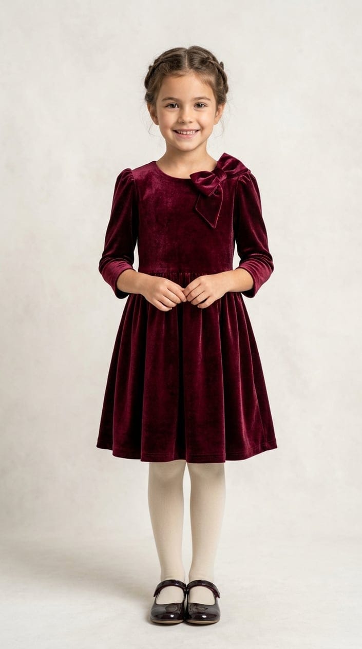 A young girl wearing a velvet dress with a large bow, standing and smiling against a plain background.