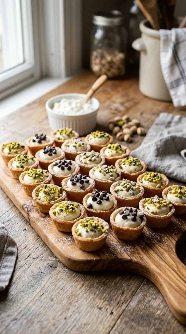 15 Mini Cake Recipes for the Weeks You Want Dessert Without a 9x13 41 Eight crispy golden phyllo cups on a wooden board, each filled with a generous spoonful of creamy ricotta dotted with mini chocolate chips and a few crushed pistachios on top, photographed on a kitchen counter.