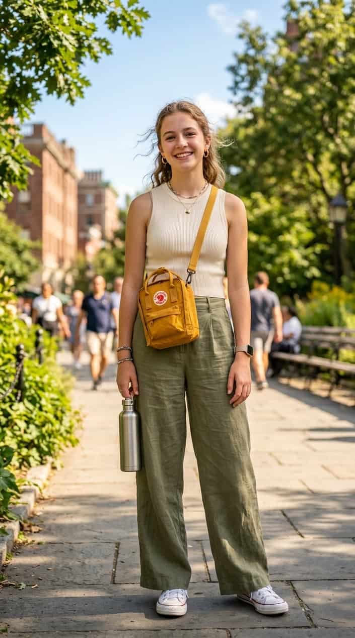 Teenage girl outdoors wearing a summer outfit and carrying a small crossbody bag.