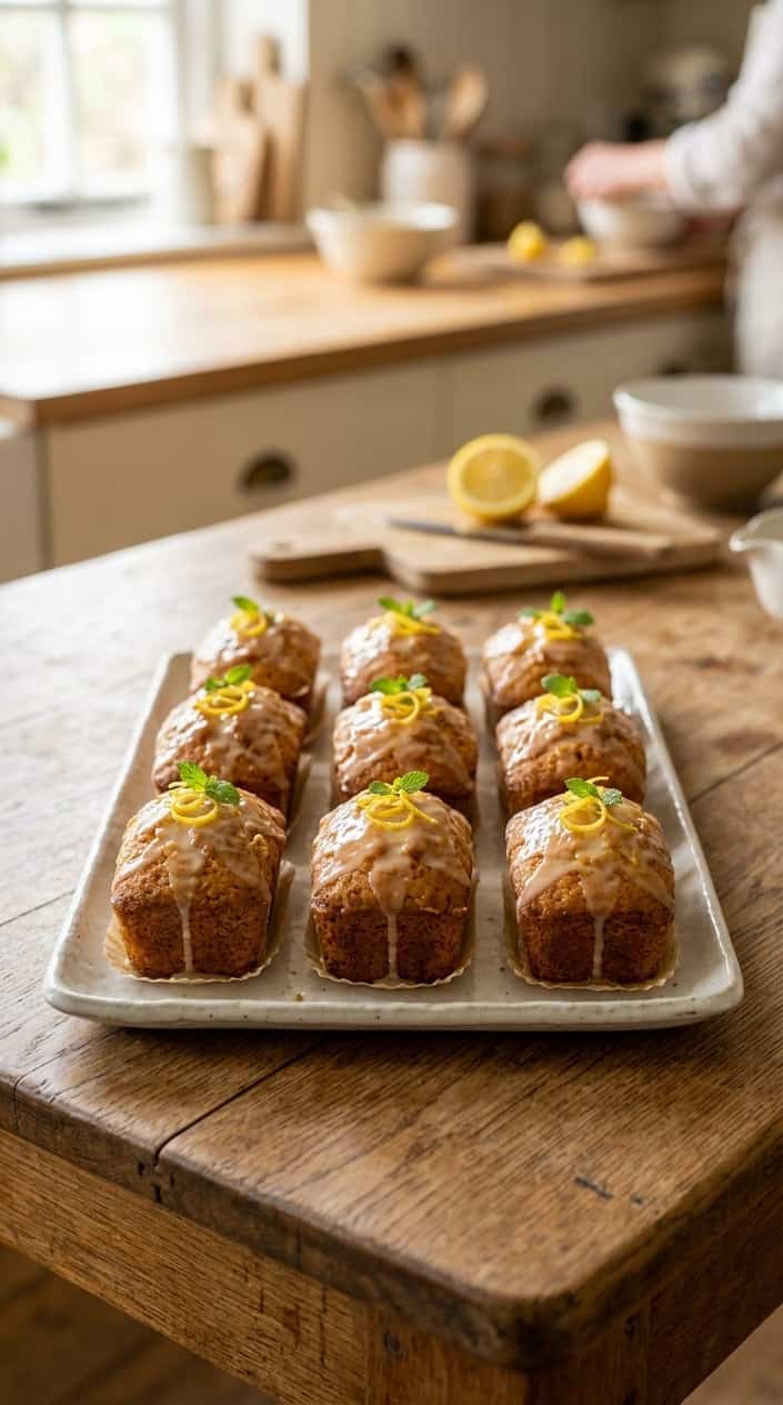 Six small golden lemon drizzle loaves on a white ceramic platter, scattered with fine lemon zest and a few mint leaves, with a matte kitchen backdrop.