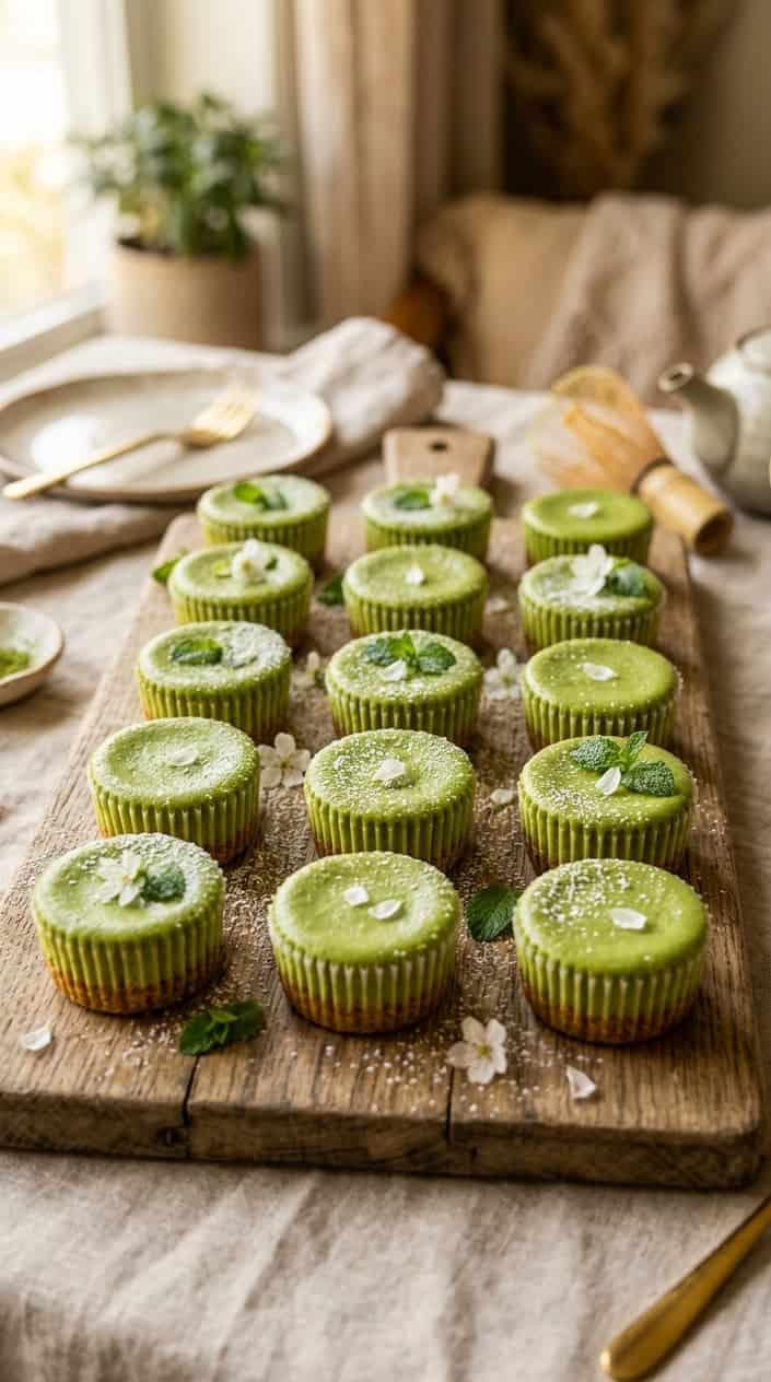 15 Mini Cake Recipes for the Weeks You Want Dessert Without a 9x13 40 Six small round matcha cheesecakes on a dark wood serving board, their pale green surfaces dusted with powdered sugar and each garnished with a single small mint leaf.