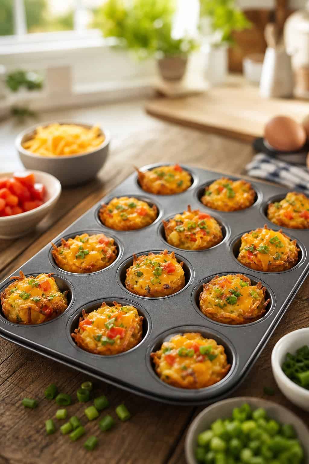 Two dozen mini hashbrown breakfast casserole bites in a muffin tin on a wood table, with crispy golden edges and visible bits of ham and green onion on top.