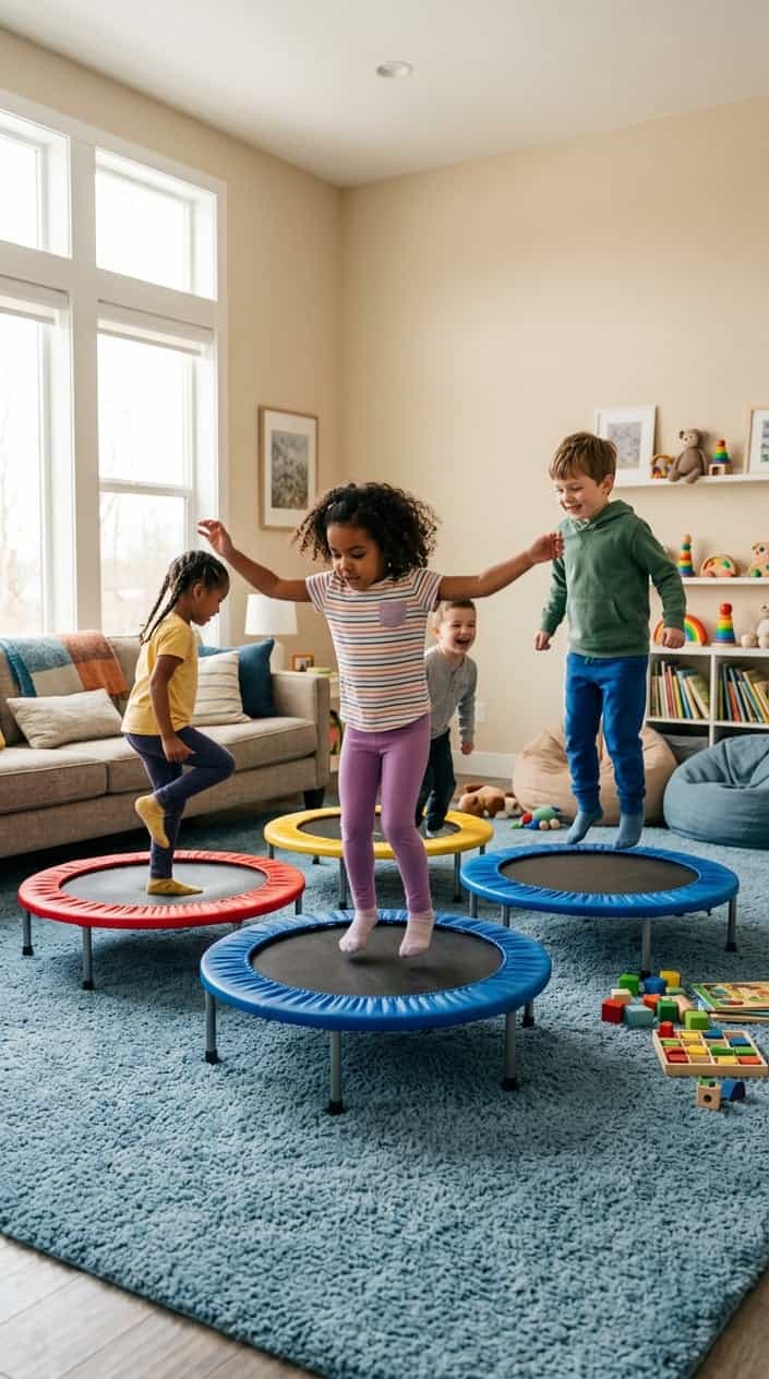 Children jumping and playing on mini trampolines in a bright living room.