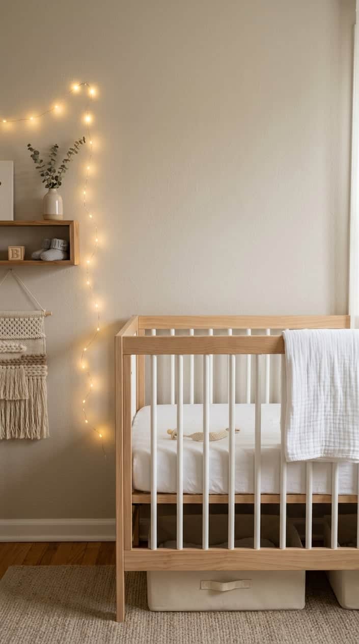 A minimalist newborn crib corner with white bedding and warm string lights hanging to the side in a softly lit nursery.