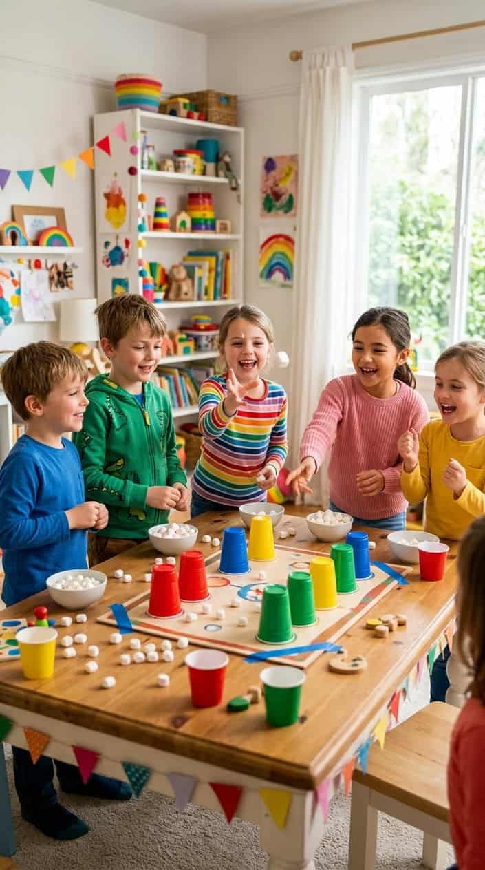 Children playing a marshmallow toss game indoors, smiling and tossing marshmallows into cups on a table.
