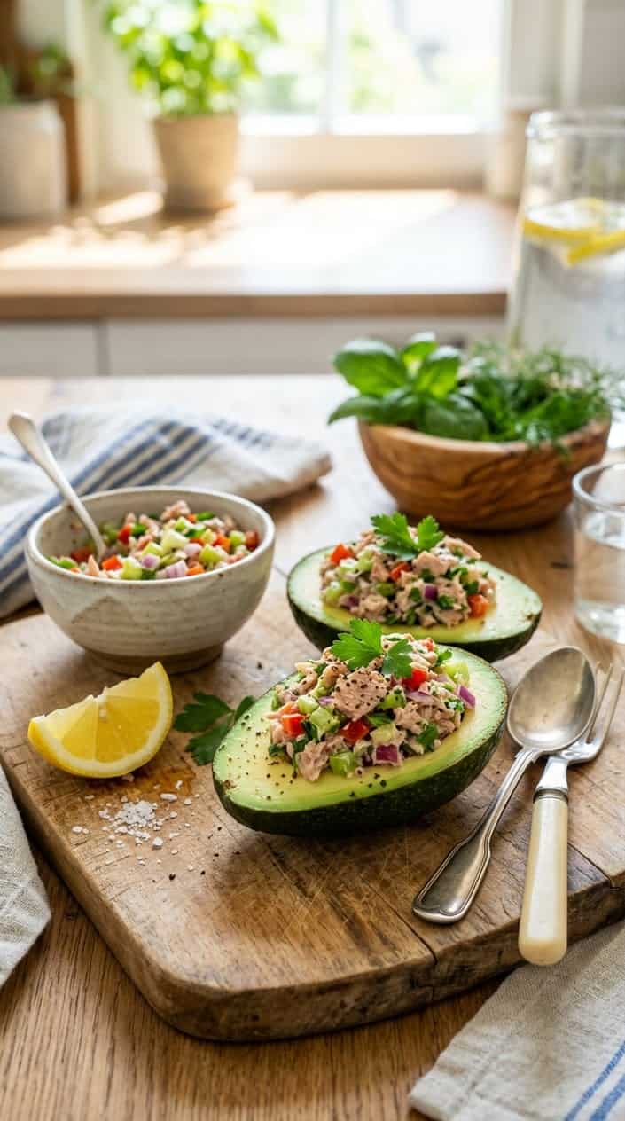 Two ripe avocado halves with creamy tuna salad mounded into the pit cavities, sitting on a light wood cutting board next to a bright yellow lemon wedge and a small ceramic bowl of extra filling.