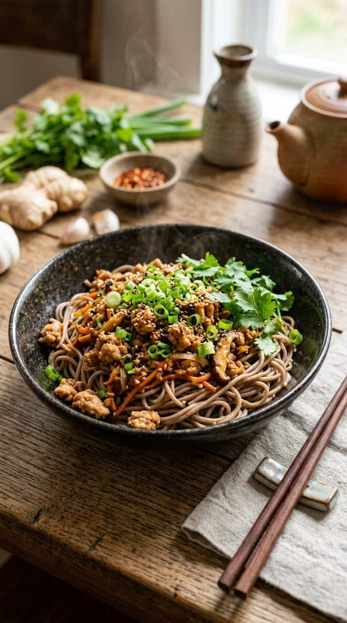 A bowl of miso-ginger ground chicken soba noodles garnished with green onions and sesame seeds on a wooden table with chopsticks beside it.
