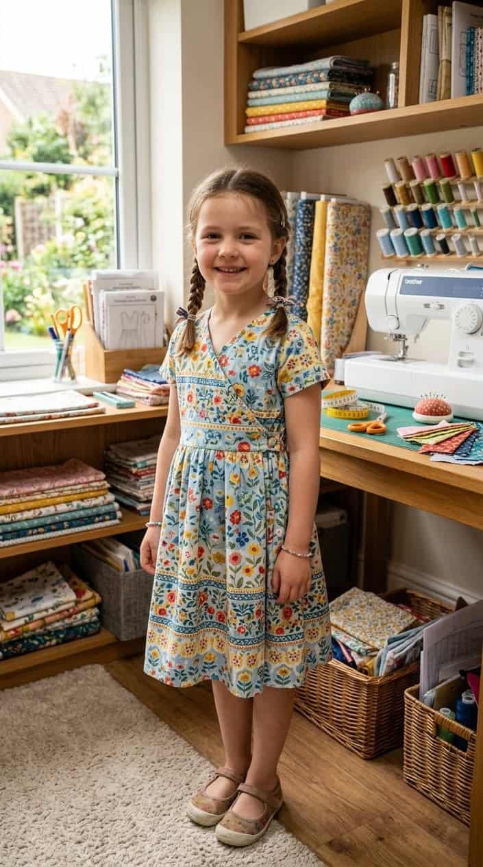 A young girl in a mock wrap dress in a small-print Liberty-style cotton, the faux overlap front secured with a hidden snap at the waist, standing in a well-lit room.