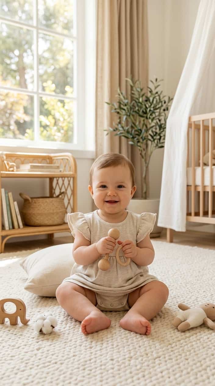 A baby wearing a light-colored flutter sleeve dress sitting in a bright room with natural light.