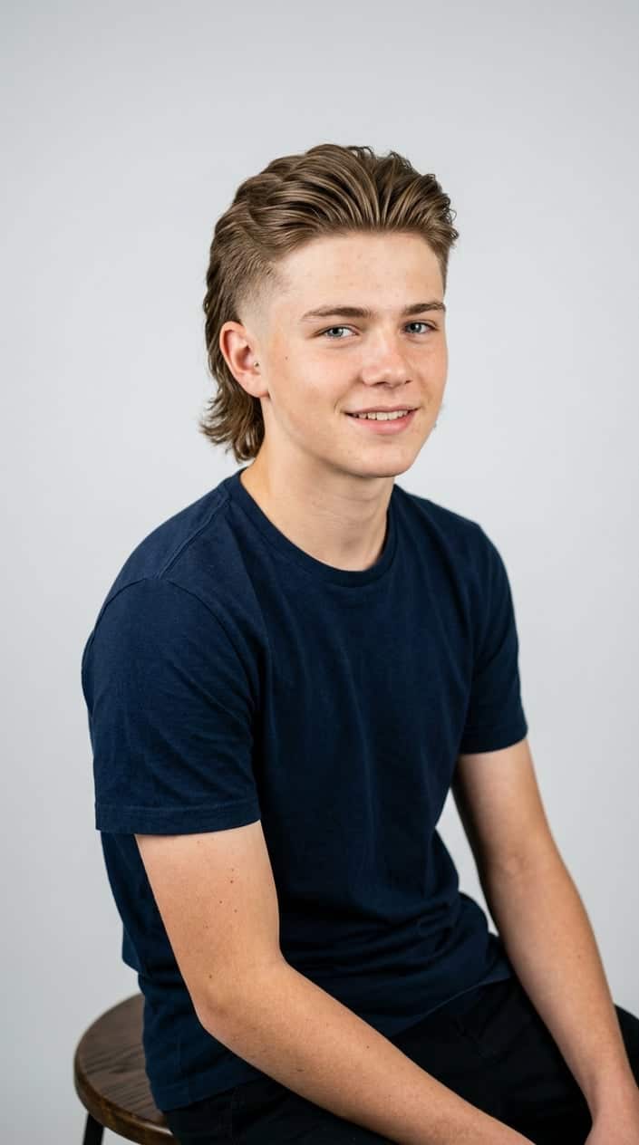 A teenage boy with a styled haircut posing against a plain background.