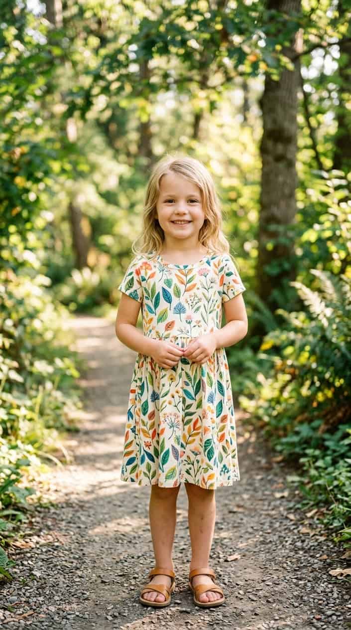 Comfortable Children's Dresses That Still Look Nice 20 A young girl standing outdoors wearing a colorful printed dress, smiling softly with trees in the background.