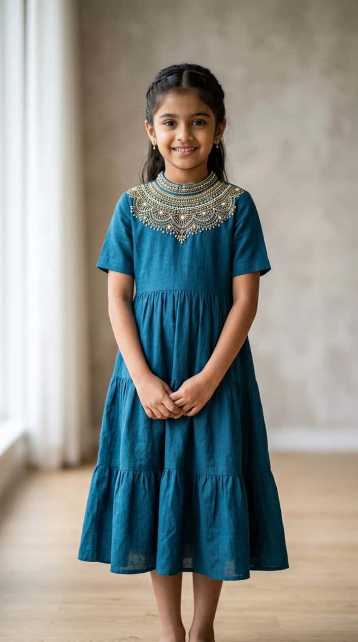 Young girl standing and smiling wearing a dress with a beaded neckline in a studio setting.
