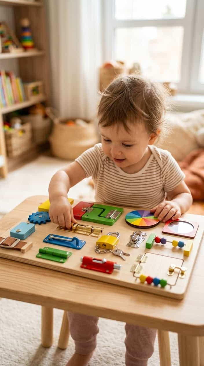 A toddler's hands interacting with a wooden busy board featuring various colorful latches and locks on a table.