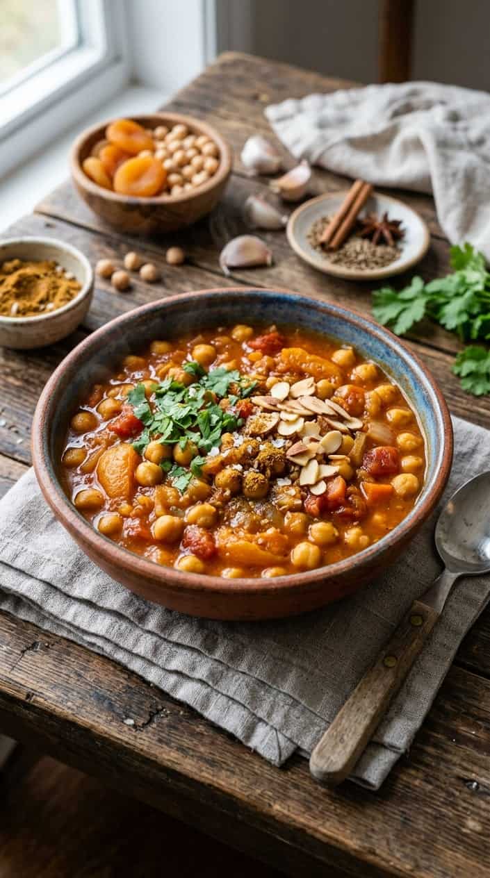 A bowl of Moroccan chickpea stew with apricots garnished with fresh herbs on a wooden table with cooking ingredients in the background.