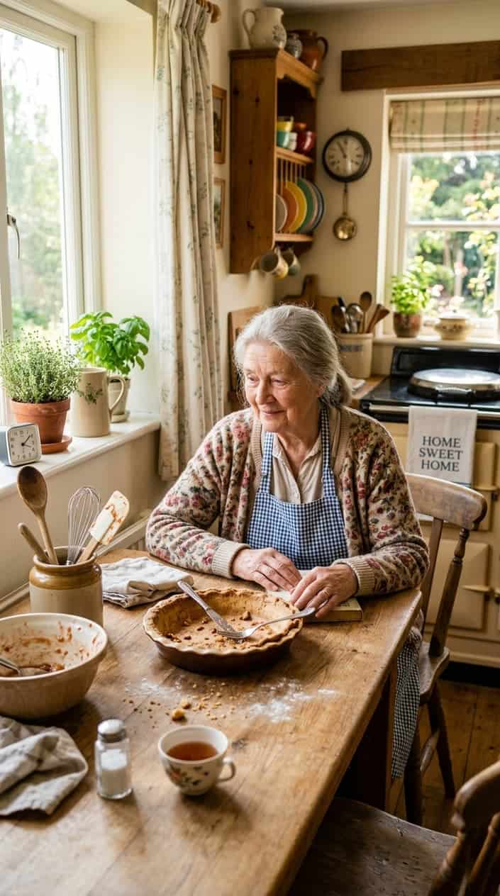 An elderly woman in a cozy kitchen looking thoughtfully at an empty pie dish on a wooden table with baking utensils nearby.