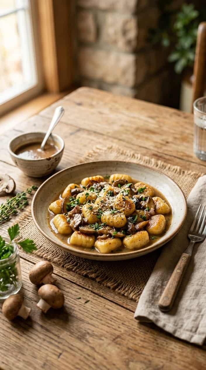 Deeply browned cremini mushrooms and pillow-soft gnocchi in a mahogany-toned Marsala sauce, topped with chopped flat-leaf parsley and a dusting of Parmesan, served in a wide shallow bowl.