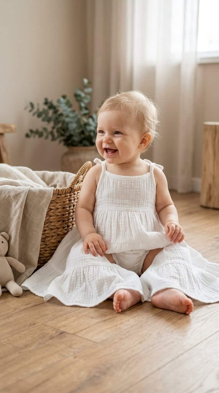 A baby wearing a soft, tiered maxi dress with built-in bloomers sitting in a bright, simple room.