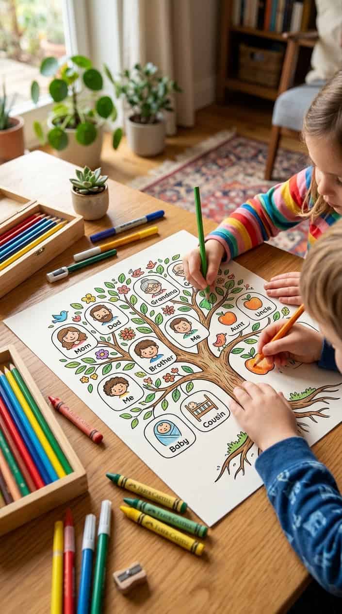 24 Free Printable Coloring Pages That Actually Hold a Kid's Attention 20 Child coloring a family tree worksheet with colored pencils on a wooden table.