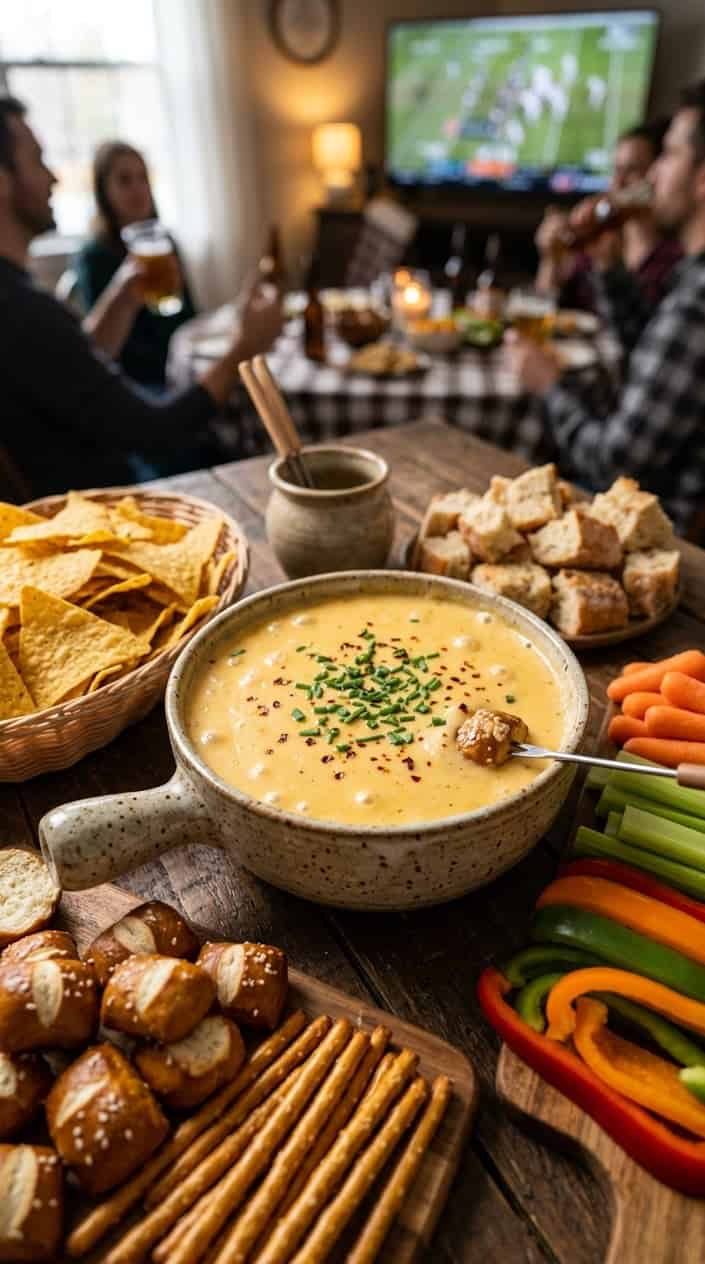 16 Easy Game Day Recipes for a Crowd 8 A bowl of creamy nacho cheese beer cheese fondue surrounded by tortilla chips, pretzel bites, vegetables, and bread on a wooden table.