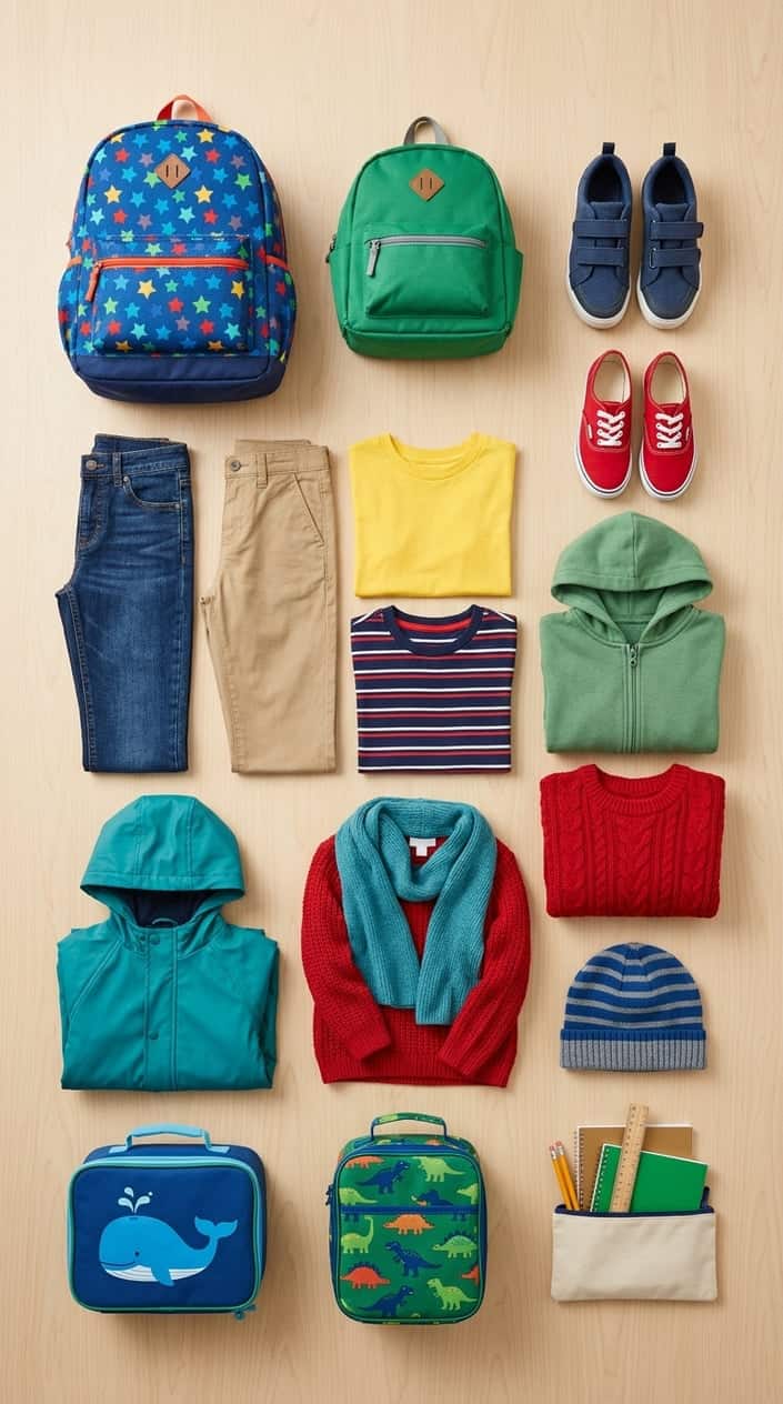 A neatly arranged collection of basic school outfit pieces for elementary school children, including backpacks, sneakers, jeans, t-shirts, sweaters, jackets, hats, and lunchboxes.