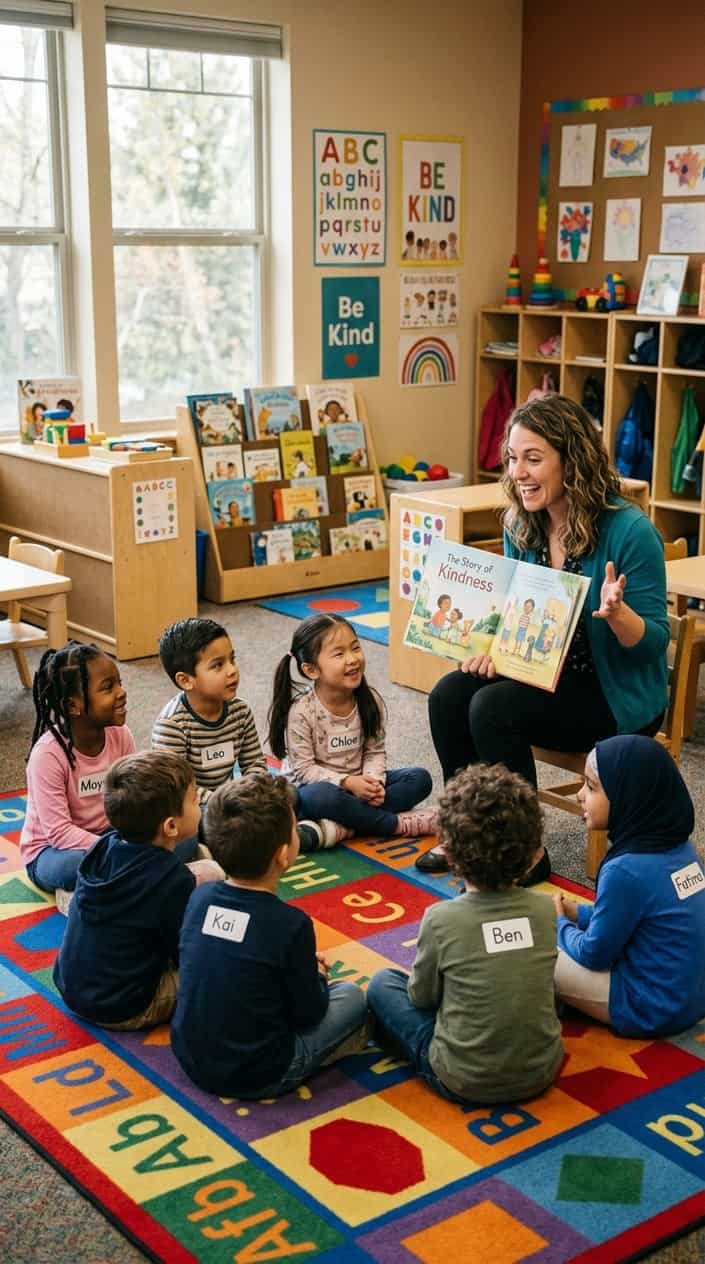 A teacher reading a storybook to a group of young children sitting on a carpet in a bright classroom.