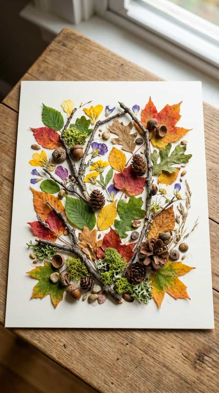 A nature collage made from leaves, twigs, acorns, pinecones, and flower petals arranged on a white surface.