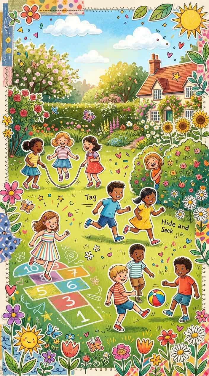 25 Kid Games for When 'I'm Bored' Has Been Said Three Times Before 10 AM 26 Children playing various outdoor games together in a sunny garden surrounded by flowers and greenery.