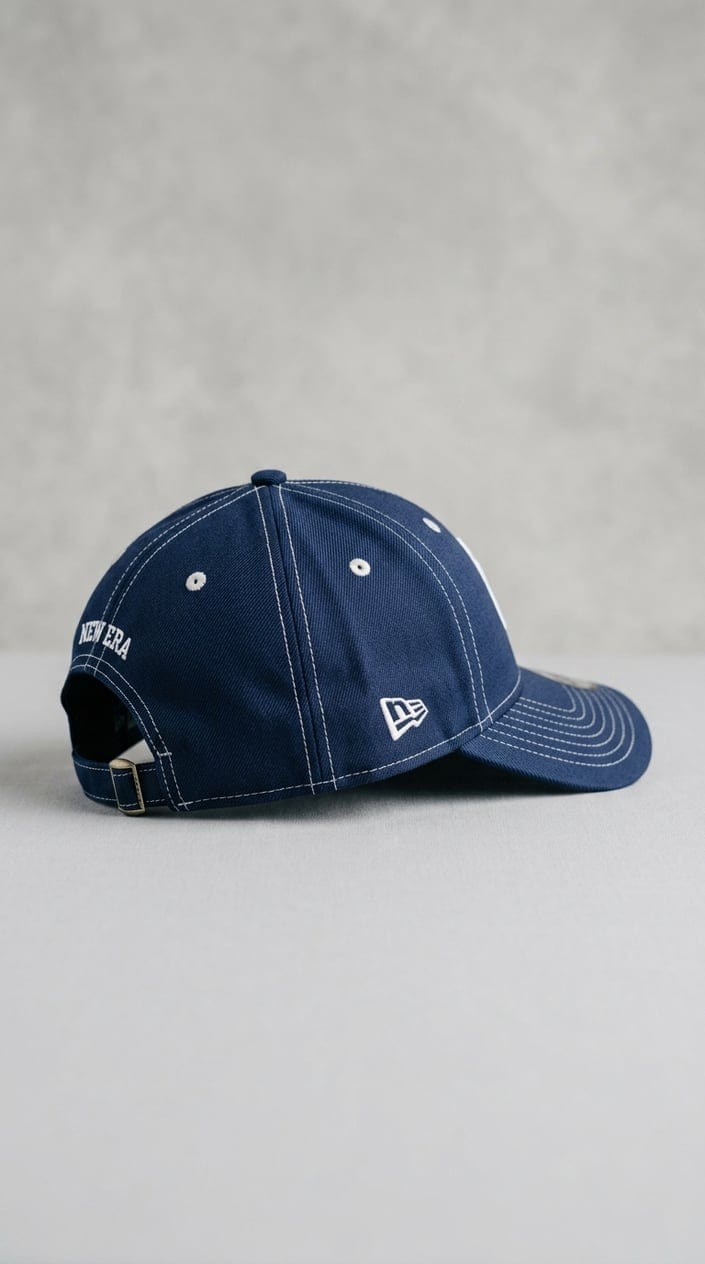 A navy blue baseball cap displayed on a plain background.