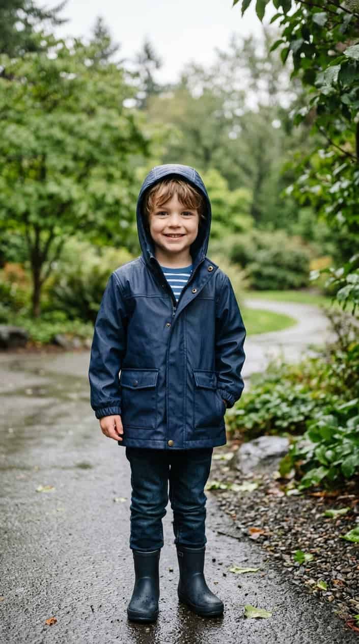 A young boy wearing a navy raincoat with a hood stands outdoors on a cloudy day, smiling gently.