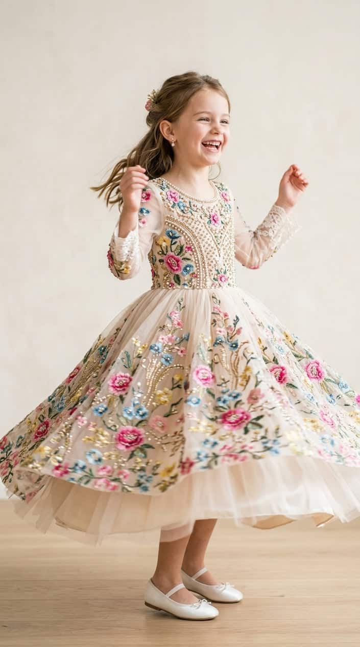 A young girl twirling happily in a floral embellished princess dress with secure beading.