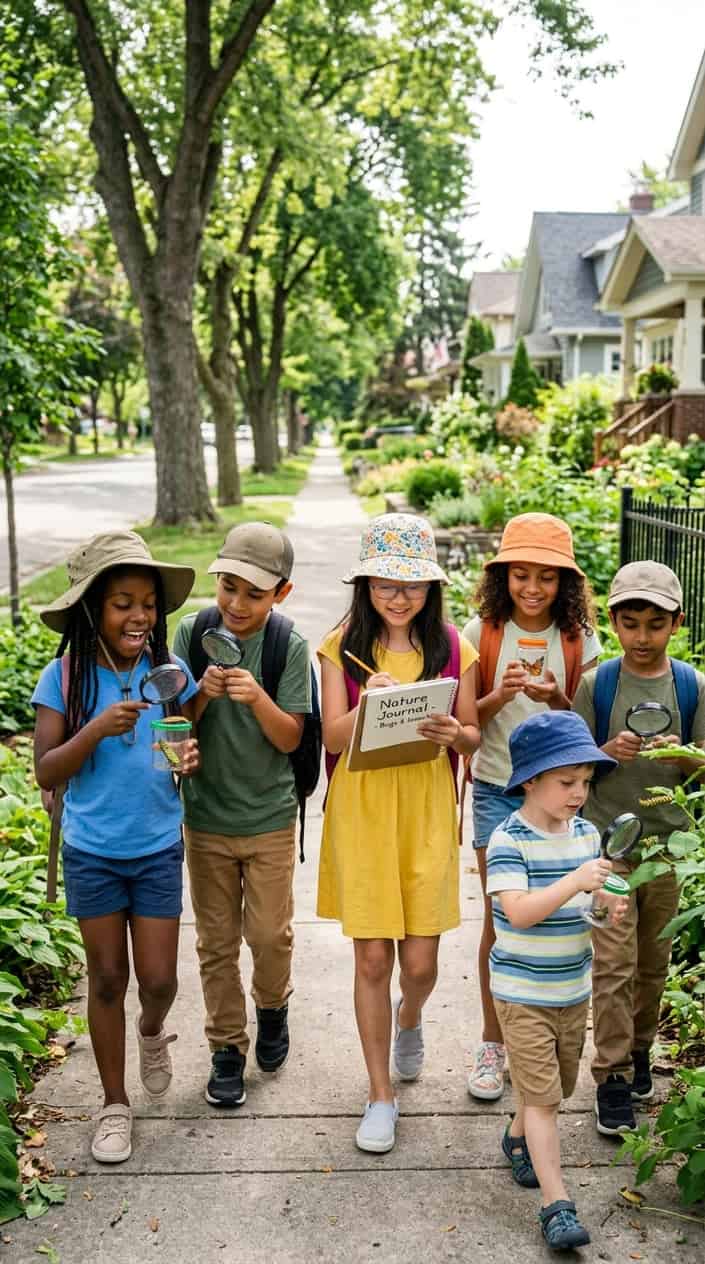 25 Kid Games for When 'I'm Bored' Has Been Said Three Times Before 10 AM 19 Children exploring bugs outdoors on a neighborhood street, examining insects and writing notes in a notebook.