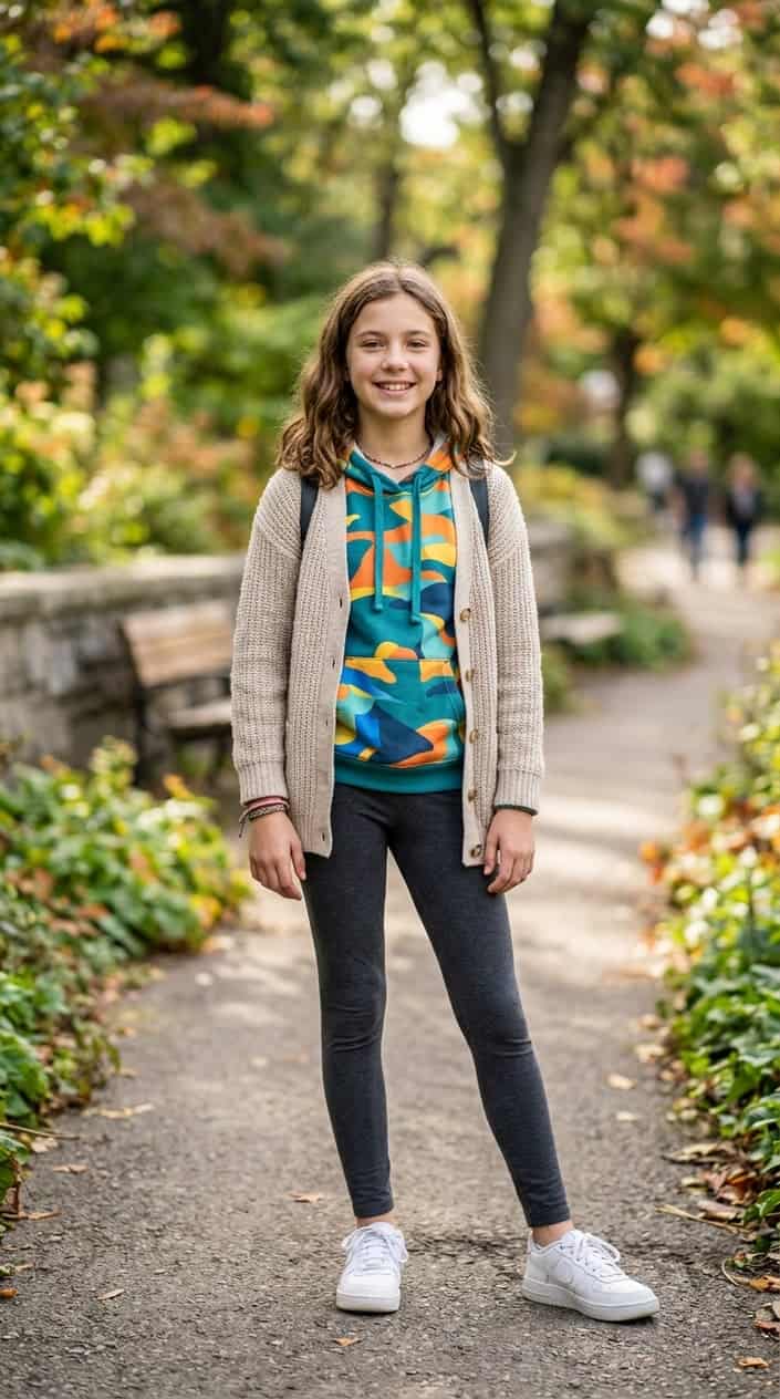 16 Tween Outfit Ideas for the Awkward 'Not Little, Not Grown' Age 4 A pre-teen girl standing outdoors wearing a cardigan over a graphic hoodie with leggings, smiling gently.