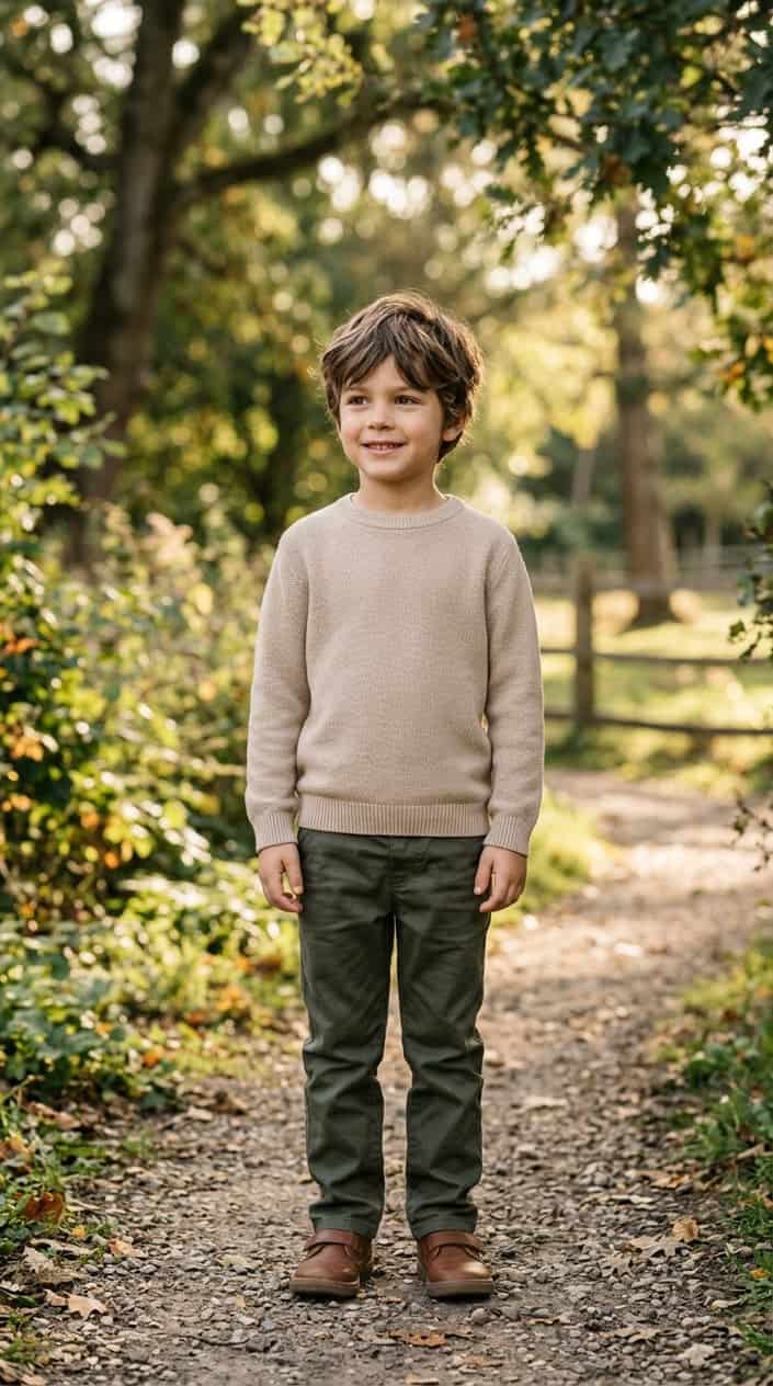 A young boy wearing a neutral crewneck sweater stands outdoors with greenery in the background.