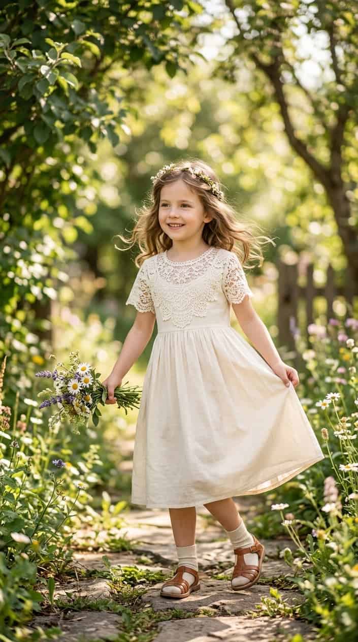 Kids' Designer-Look Dresses on a Budget 12 A young girl wearing a lace yoke midi dress standing outdoors with trees in the background.
