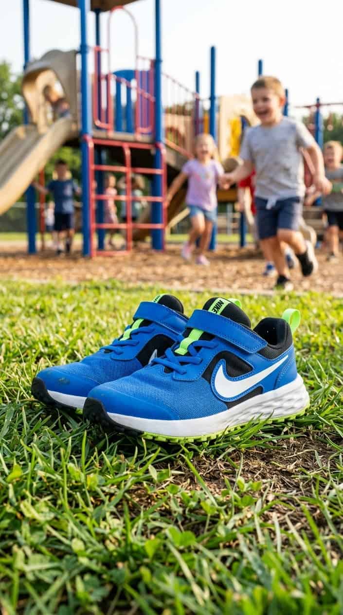 Durable Kids' Clothes for Everyday Wear 12 A pair of children's Nike running shoes placed outdoors on a natural surface with blurred playground equipment and children playing in the background.