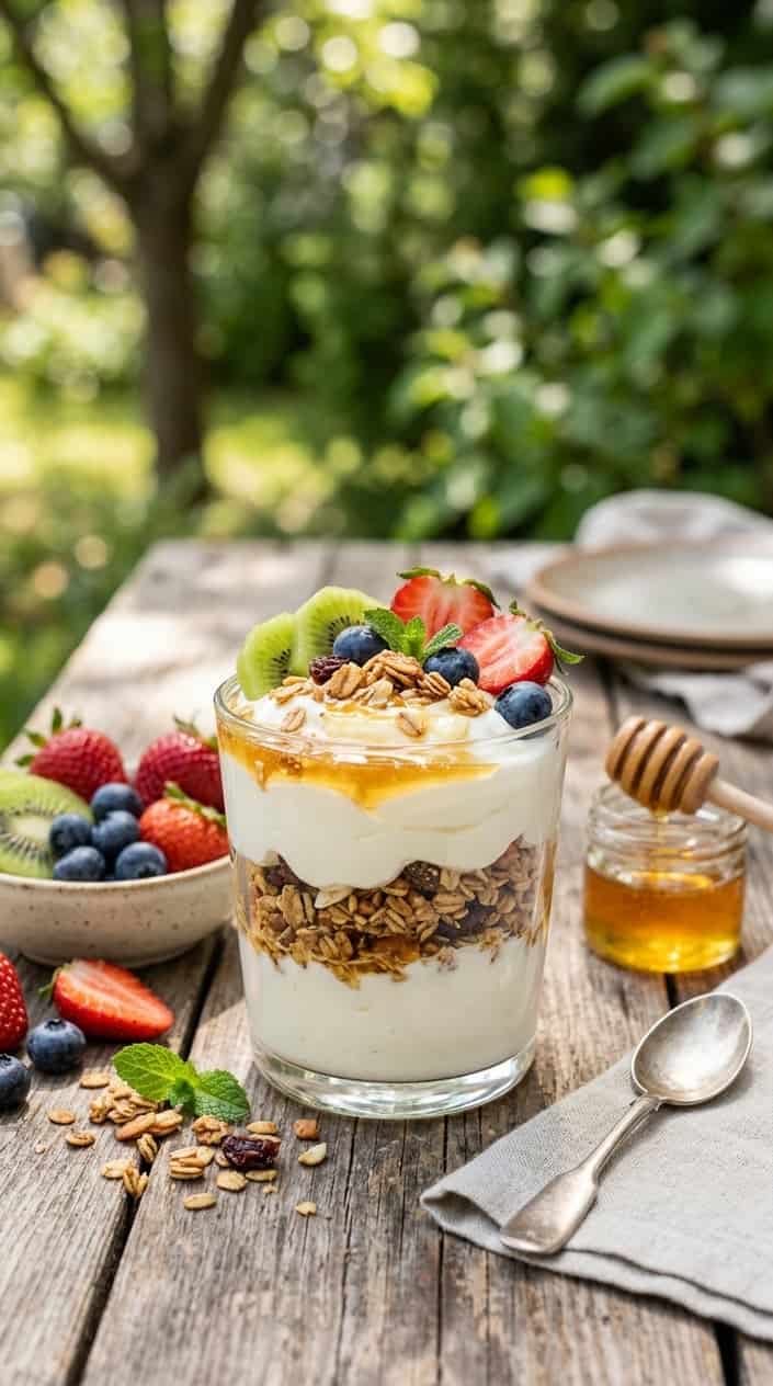 Summer Meals That Skip the Oven 2 A glass of Greek yogurt parfait layered with honey and granola, surrounded by fresh summer fruits on a wooden table.