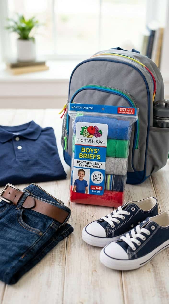 A pack of colorful children's underwear surrounded by basic school outfit items like sneakers, a backpack, a polo shirt, and jeans on a light wooden surface.