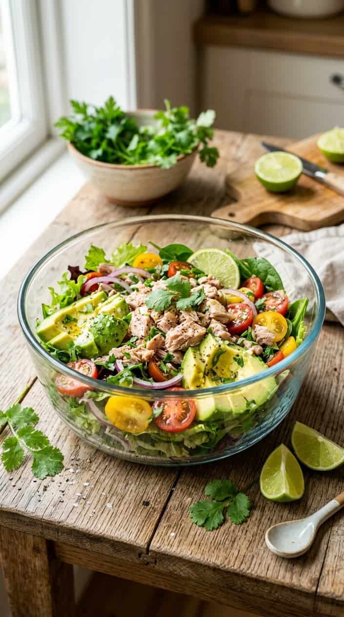 Lunch Ideas Beyond the Turkey Sandwich 30 A rustic ceramic bowl filled with pale green avocado tuna salad, garnished with cilantro and served with two lime wedges on the side, set on a light wood surface.