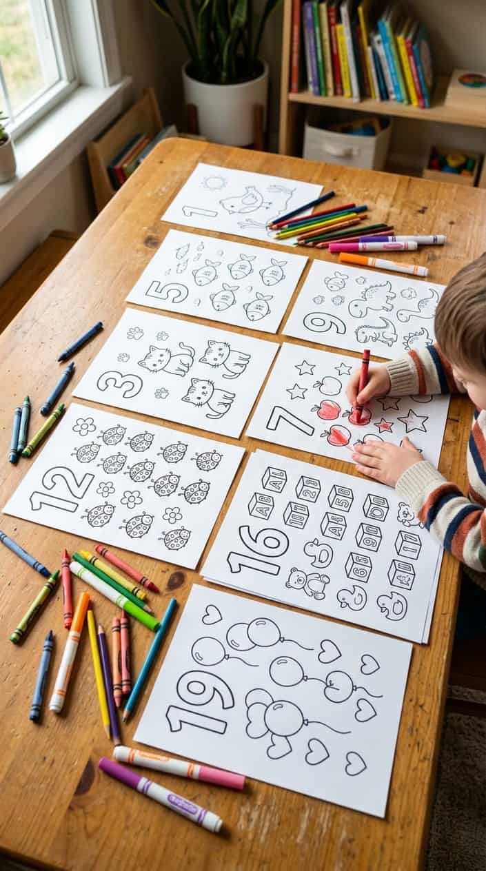 24 Free Printable Coloring Pages That Actually Hold a Kid's Attention 9 A collection of colorful counting coloring pages with numbers and matching groups of objects, laid out on a table with crayons and colored pencils nearby.