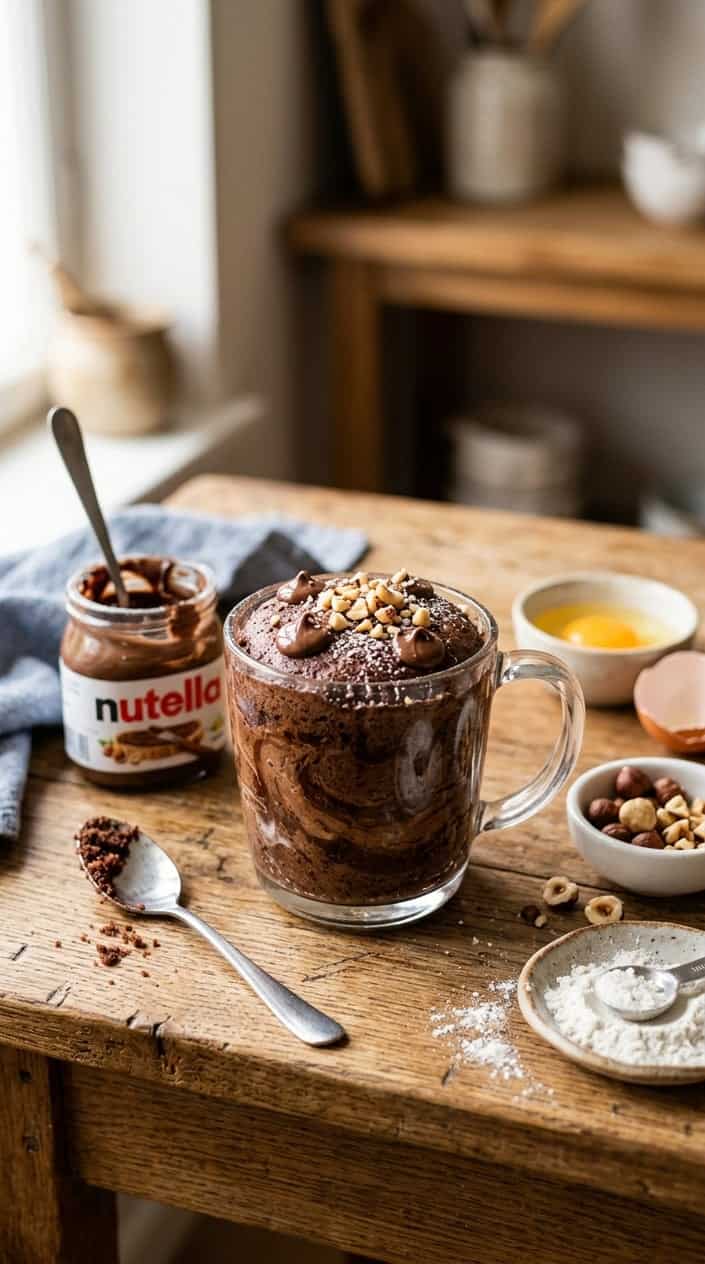 A clear glass mug showing a marbled chocolate-hazelnut mug cake with visible dark Nutella swirls against a lighter batter, on a warm wood table with whole hazelnuts and an open jar of chocolate-hazelnut spread beside it.