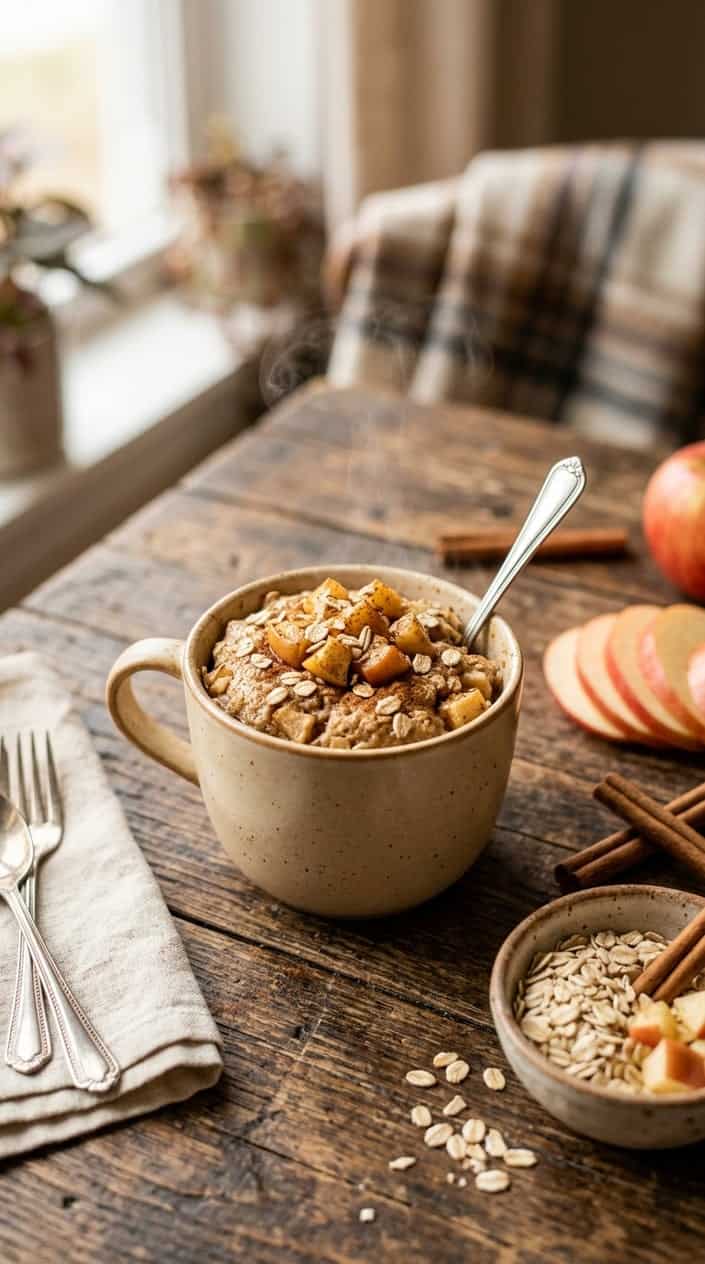 A wide ceramic mug filled with a rustic oatmeal mug cake topped with soft apple chunks and a visible dusting of cinnamon, surrounded on a wood table by thin apple slices, a whole cinnamon stick, and a small pile of rolled oats.