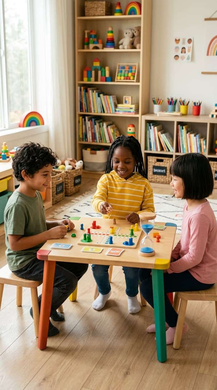 Three children playing together around a table with a timer, taking turns and sharing toys in a bright playroom.