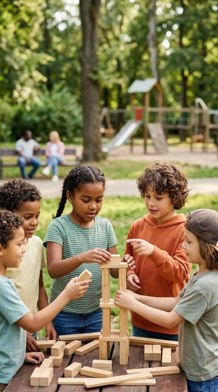 A group of children playing and working together on a project outdoors while adults watch from a distance.